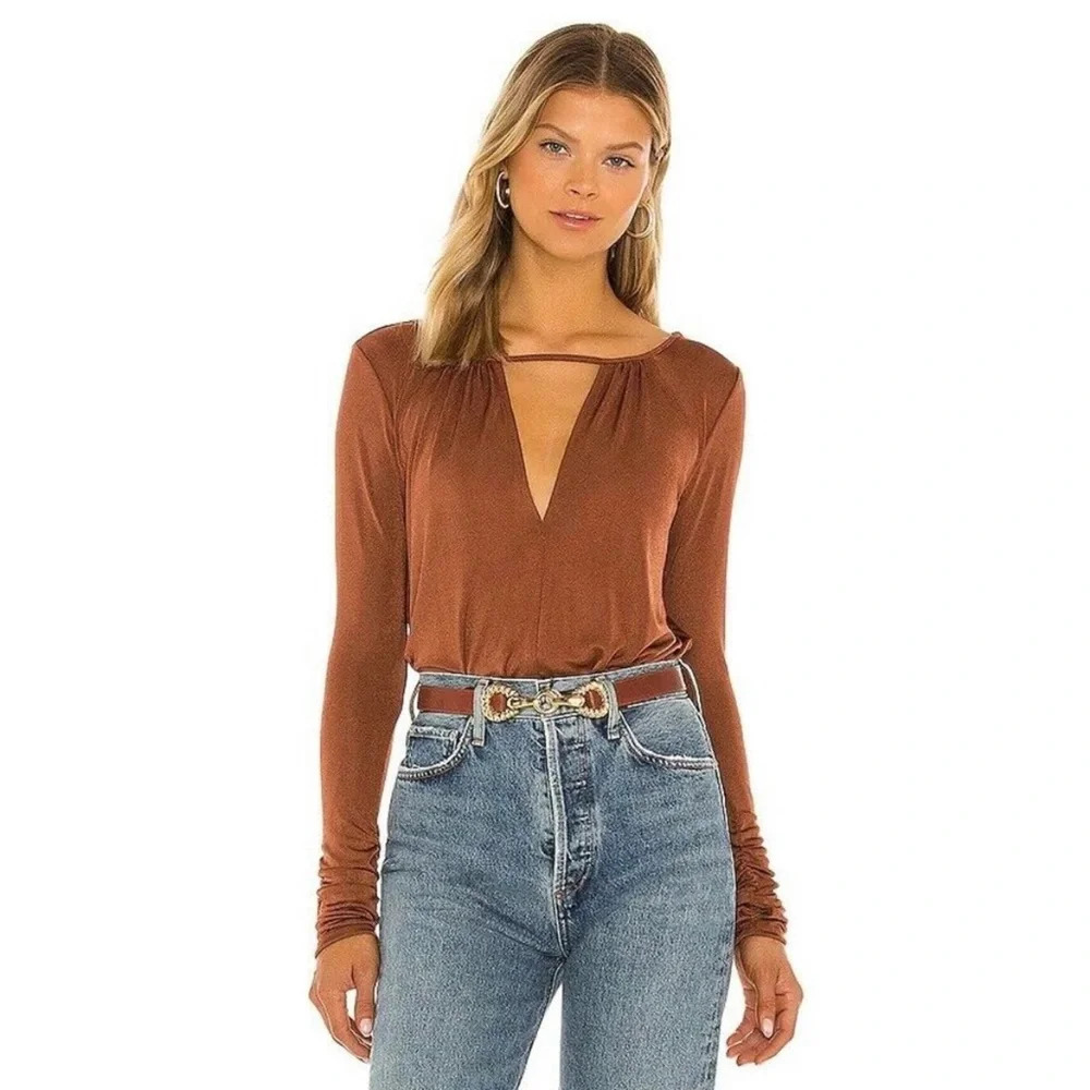 Free People Brown Long Sleeve Bodysuit